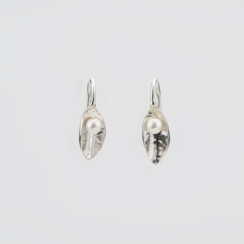 Silver Leaf Earrings with Pearl