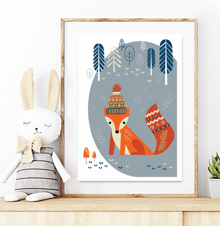 Original kids print - Winter fox in the woods DOVE GREY
