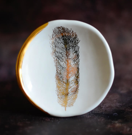 White Ring Dish/Wall Hang with Feather