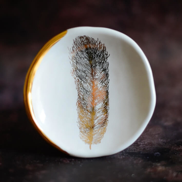 White Ring Dish/Wall Hang with Feather