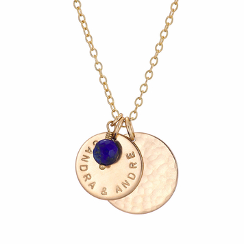 Gold personalised necklace with double disc and birthstone
