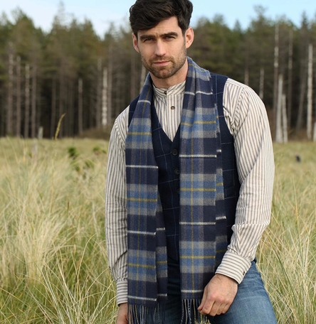 Merino Wool Scarf, Navy, Grey & Yellow Check