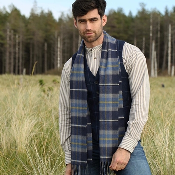 Merino Wool Scarf, Navy, Grey & Yellow Check